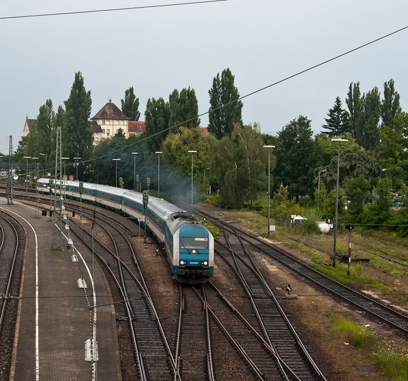 223 063 am 3. August 2011 mit dem ALX84151 (Lindau Hbf - M�nchen Hbf Gl.27-36) bei der Ausfahrt aus Lindau.