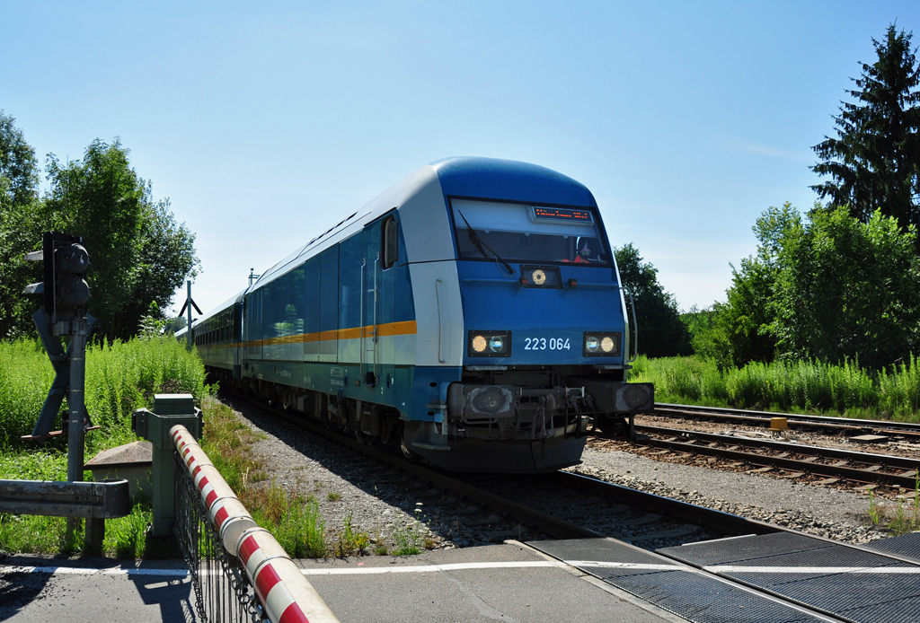 223 064 nach M�nchen Hbf kurz nach dem Bf Hergatz im Allg�u - 16.07.2011