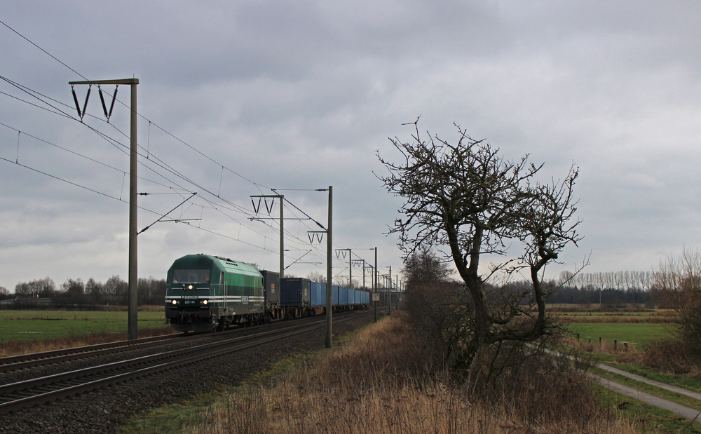 223 141 fuhr am 08.02.2013 mit einem Containerzug aus dem Sden nach Emden, hier bei Veenhusen.