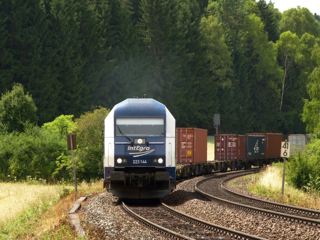 223 144 von IntEgro fhrt am Nachmittag des 26.07.13 mit einem Containerzug ber die KBS 870, aus Nrnberg, Richtung Sulzbach. 
Eingefangen bei Etzelwang 