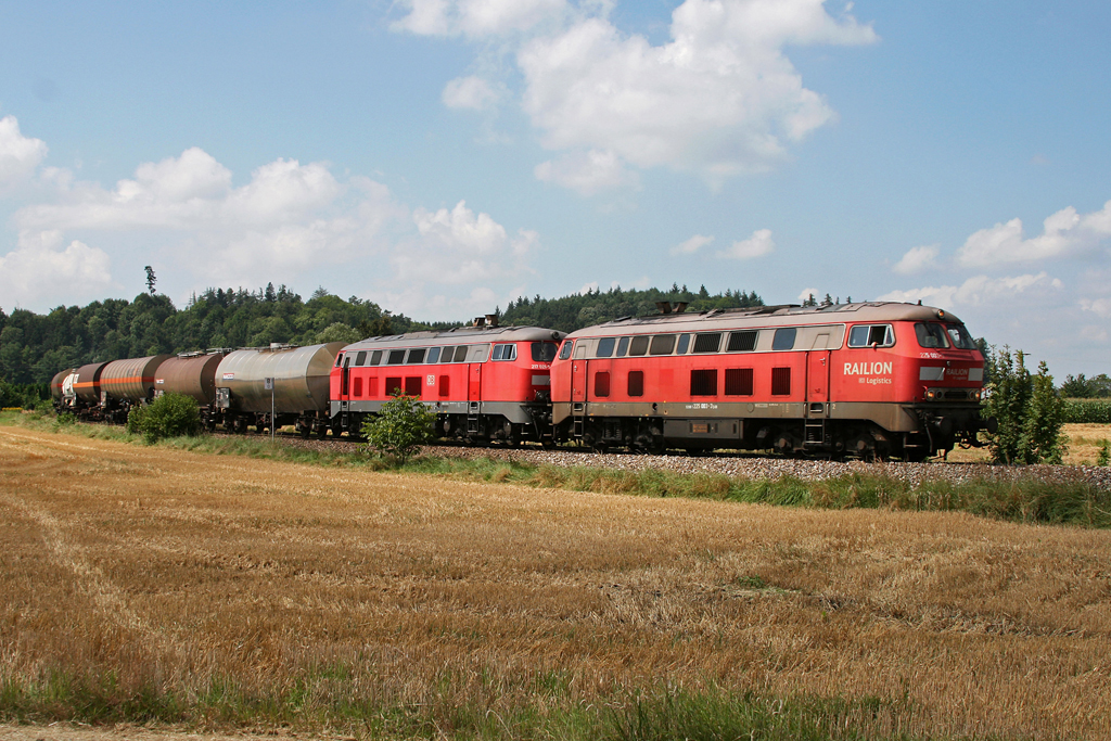 225 003 + 217 021 mit einem Gterzug am 06.08.2009 bei Tling.