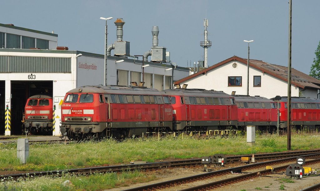 225 010-8 und 225 803-6 fahren Lz an ihren ganzen abgestellten Schwestern vorbei in den Bahnhof Mhldorf. (Was mich bei 225 803 wunderte ist, dass auf dem grauen Balken unten am Lokkasten die Nummer 218 003-2 steht?). Aufgenommen am 15.07.2010.