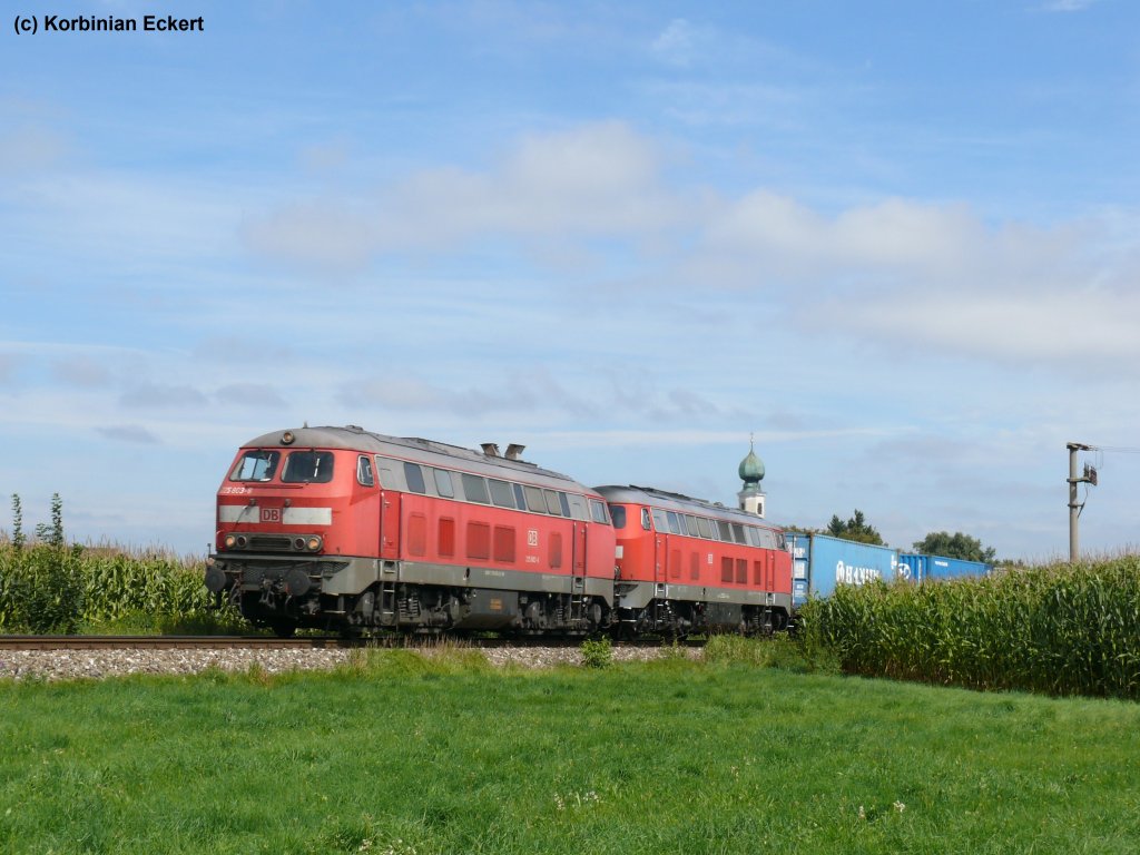 225 803-6 und eine weitere 225 mit einem Containerzug von Burghausen richtung Mhldorf (Obb) zwischen Heiligenstatt und Tling, 08.09.2010