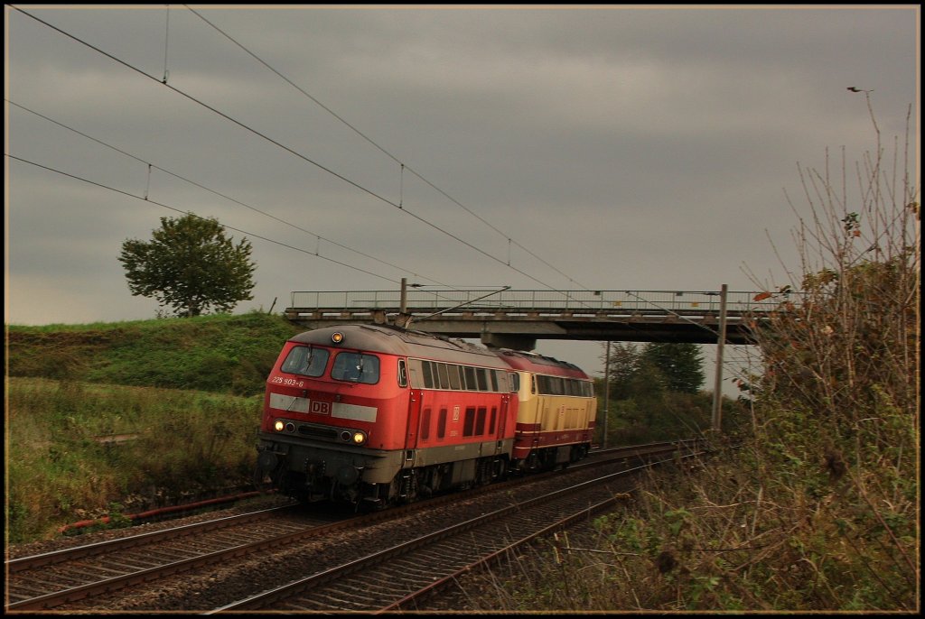 225 903 und die fesche Blonde 217 002 kamen vllig unerwartet am 29.09.2010 als Lokzug nach Saal durch Kfering. Unerwartet deshalb weil eigentlich 217 002 anderweitig verplant war. 