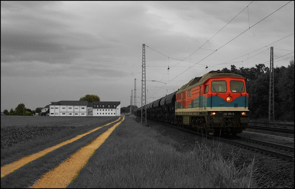232 105 der Nordbayerischen Eisenbahn (NBE) rangierte zuerst am 27.08.2010 auf dem anderen Gleis hinter den Zug um dann Kopf zu machen und sich an den Zug zu h�ngen. Hoffe dich kleine Photoshop spielerei gef�llt. (Mangolding)