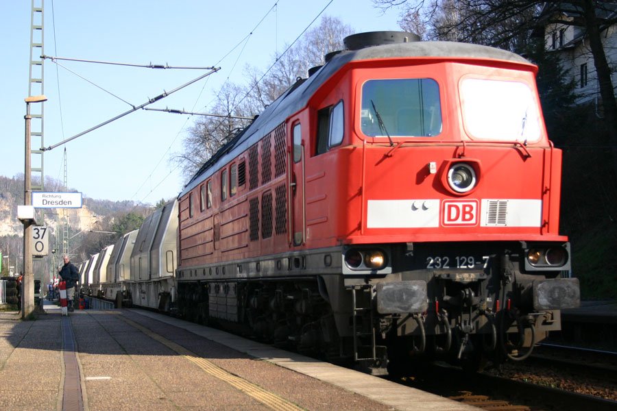 232 129-7 mit G�terzug Richtung Dresden in Wehlen, 11.03.2007
