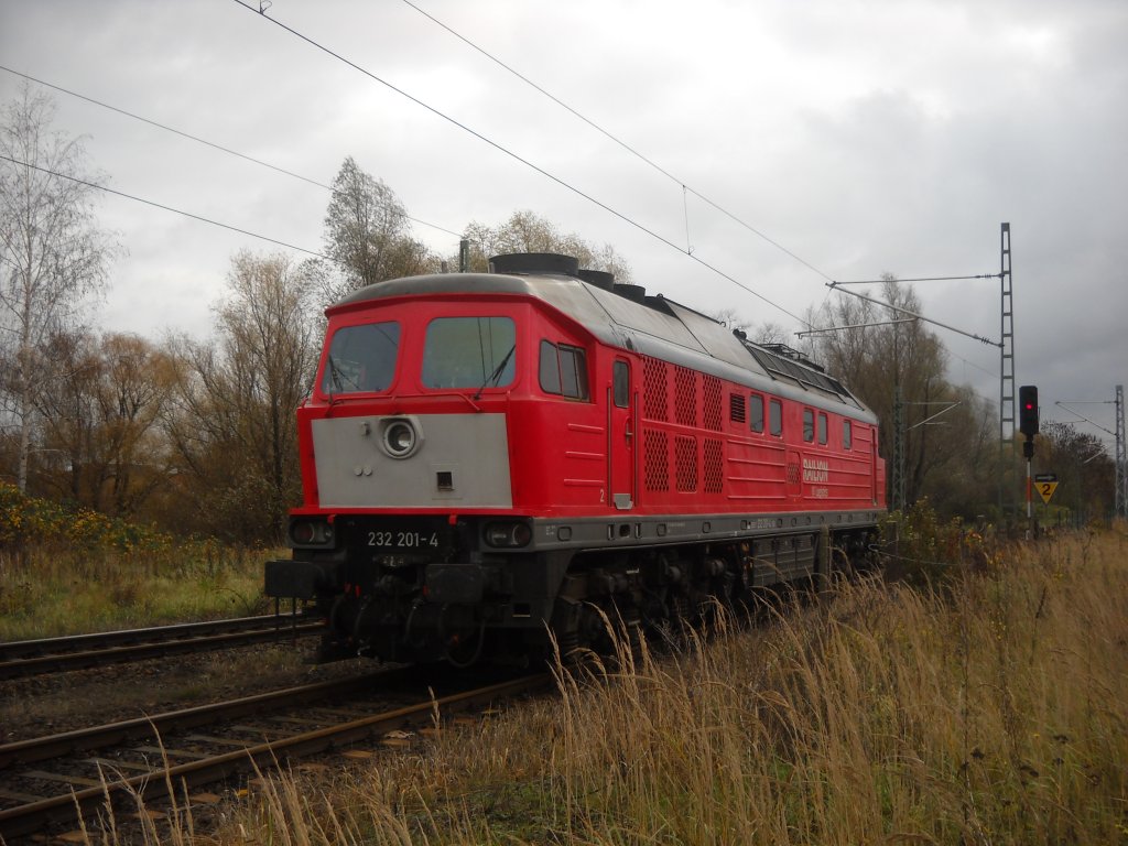 232 201-4 fhrt am 6.11.2010 in den Seehafen Wismar um sich vor die bergabe nach Rostock Seehafen zusetzen. Hier am Bahnbergang der Gtergleise 150/151 in Wismar.