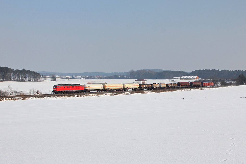 232 252 mit einem gemischten Gterzug am 10.02.2012 bei Hiltersdorf.