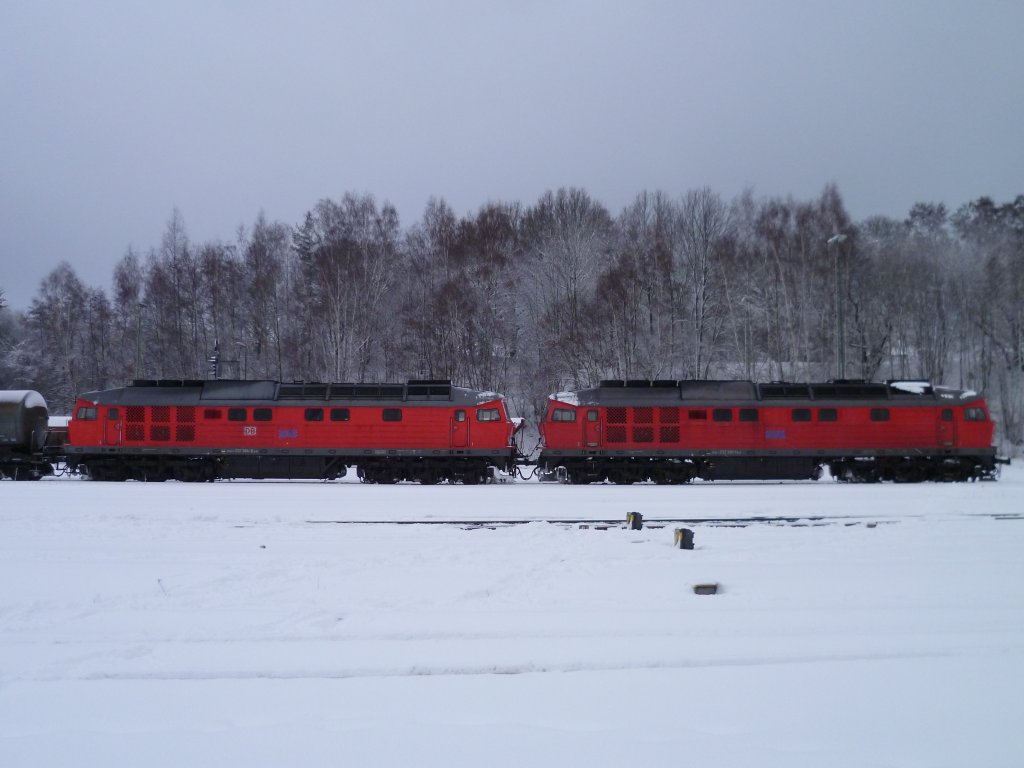 232 330-1 und 232 384-8 stehen am 10.12.12 in Marktredwitz und warten auf die Ausfahrt.
