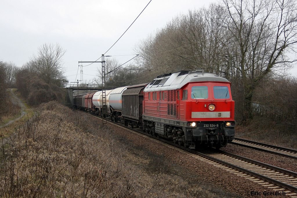 232 524 mit einem Gterzug am 13.3.10 in Ahlten.