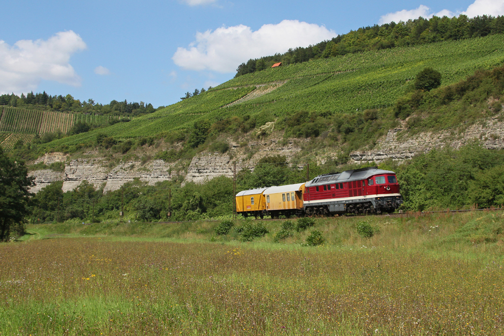 232 550 mit zwei Bauzugwagen am 02.08.2011 bei Himmelstadt.