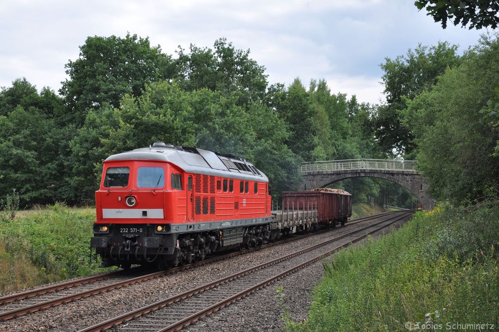 232 571 ist altbelftet mit umgeleitetem EZ45334 am 11.08.2012 bei Rothenstadt unterwegs