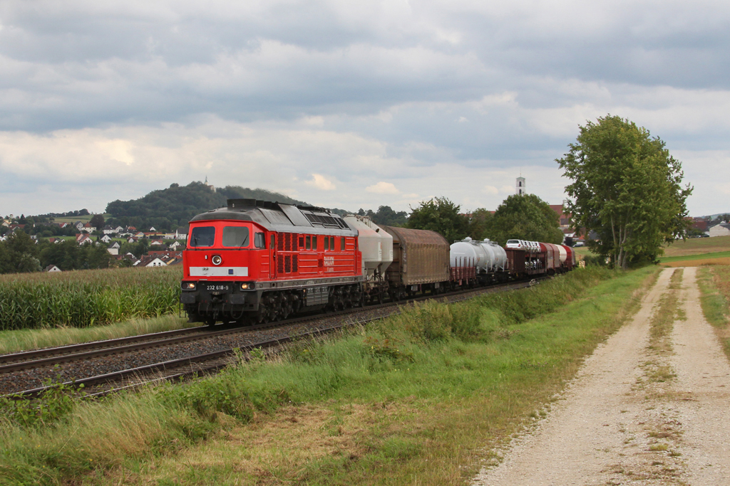 232 618 mit einem G�terzug am 12.08.2011 bei Sulzbach-Rosenberg.