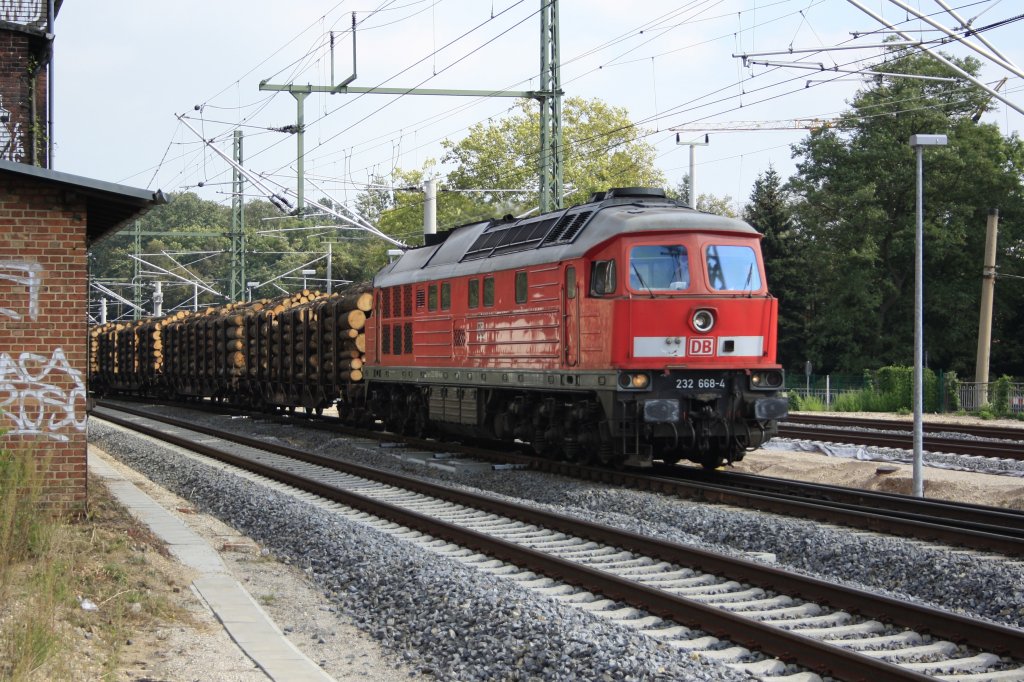 232 668-4 durchfhrt mit einem Holzzug den ehemaligen Bahnhof Leipzig-Leitzsch, 22.09.2012 