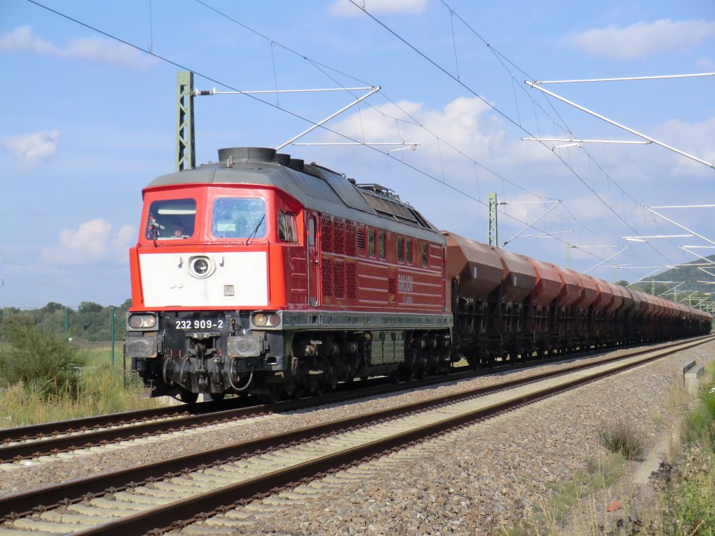 232-909 zieht am 3.9.10 ihren Kohlewagenzug bei Bruchmhlbach-Miesau Richtung Homburg (S).