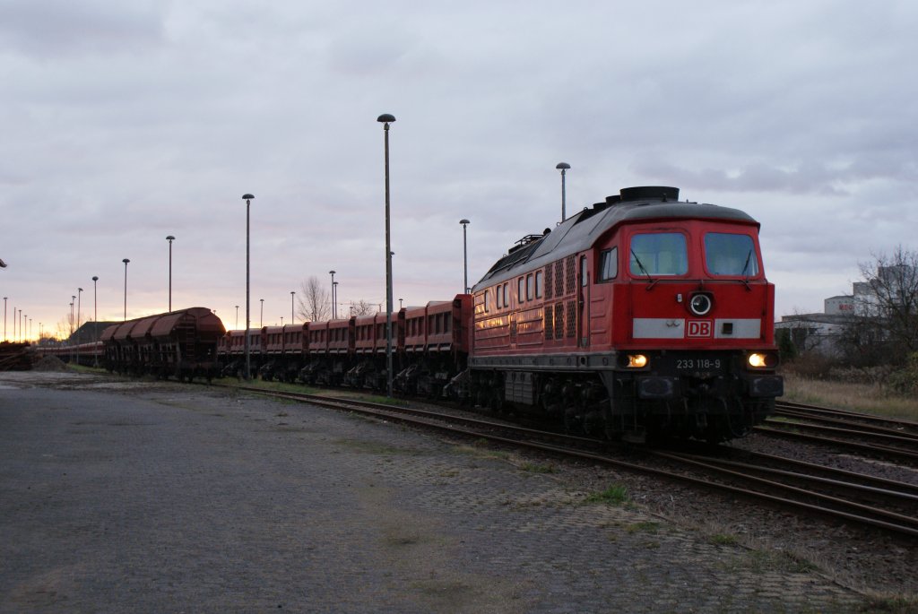 233 118-9 stand am frhen montag Morgen am Haldensleber Bahnhof und wartete auf ihre Abfahrt.Fotografiert am 23.11.2009