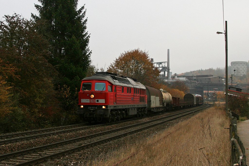 233 127 mit einem gemischten Gterzug nach Nrnberg am 06.11.2009 bei Sulzbach-Rosenberg Htte.