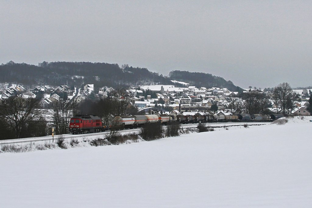233 289 mit einem gemischten Gterzug am 15.02.2010 bei Sulzbach-Rosenberg.