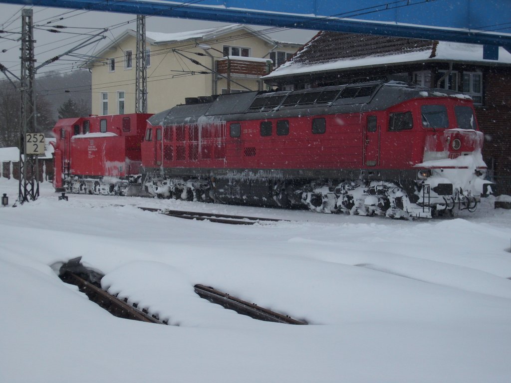 233 314 stand am 13.Februar 2010 mit dem Schneepflug vor dem Fahrdienstleiterstellwerk B2 in Bergen/Rgen.