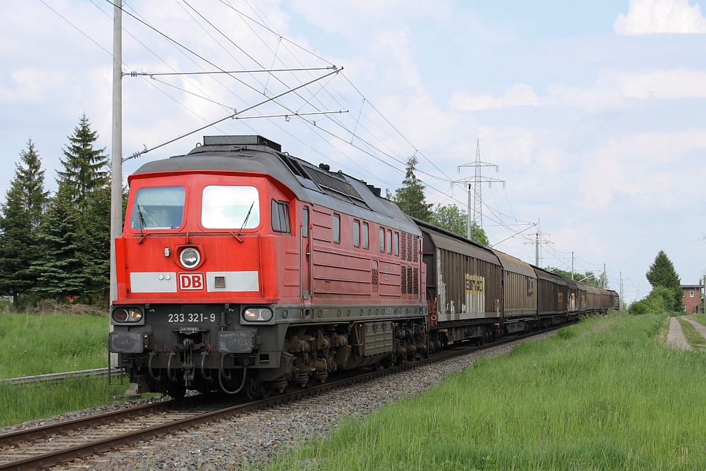 233 321-9 kommt mit Schiebewandwagen von Schwedt durch Landin (Uckermark) gefahren 21.05.2010