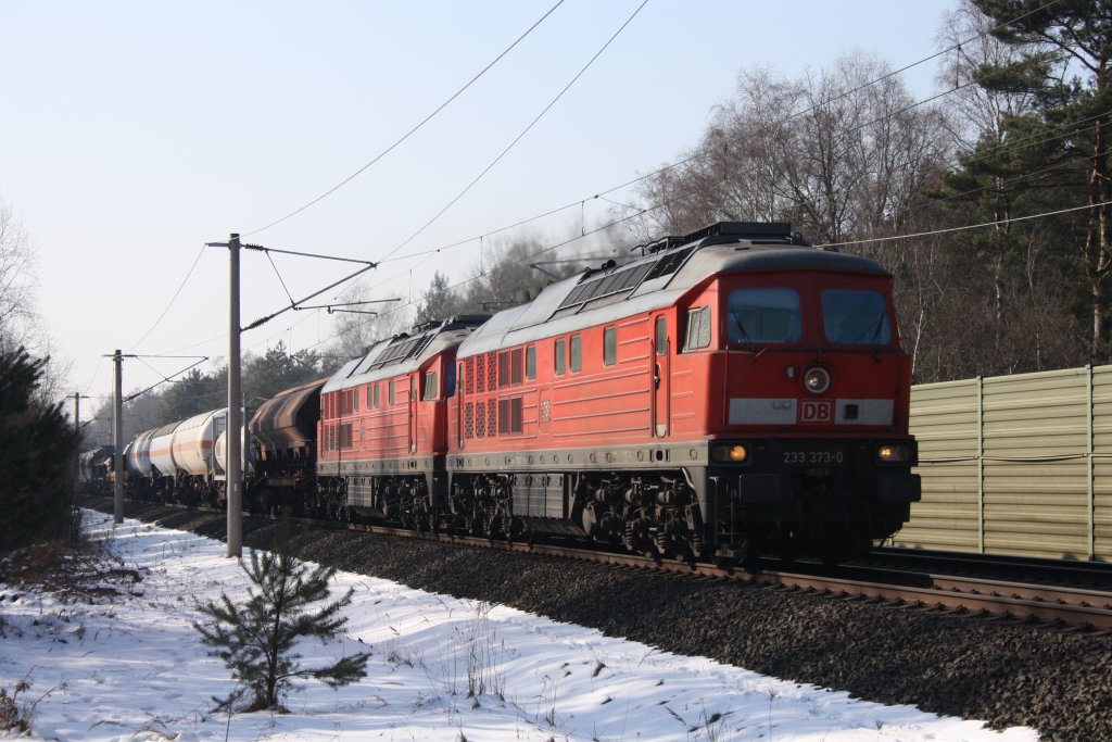 233 373 mit einer unbekannten Schwester mit einem gemischten G�terzug am 10.03.2010 in Gifhorn