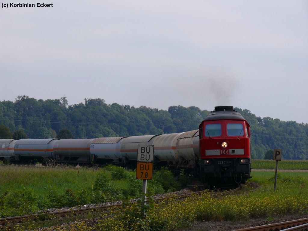 233 511-5 mit einem Kesselwagenzug aus Richtung Burghausen kurz vor der Einfahrt in Tling, 08.09.2010