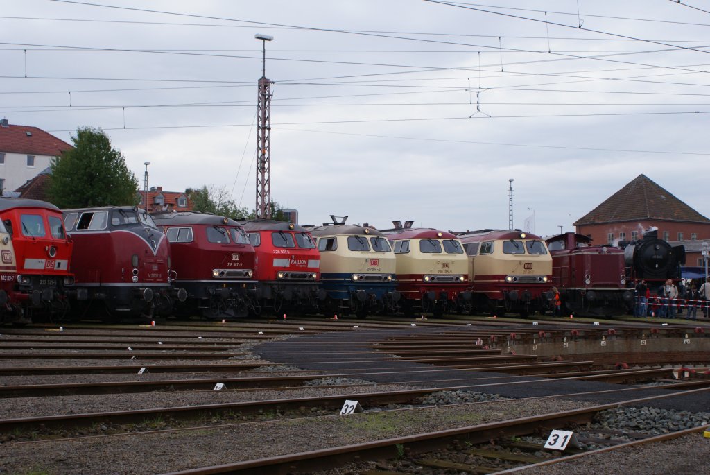233 525-5, V200 116, 218 387-9, 225 021-5, 217 014-0, 218 105-5, 212 093-9 und 41 360 am 19.09.2010 in Osnabrck beim Fest 175 Jahre Deutsche Eisenbahn und 125 Jahre Bahnbetriebswerk Osnabrck