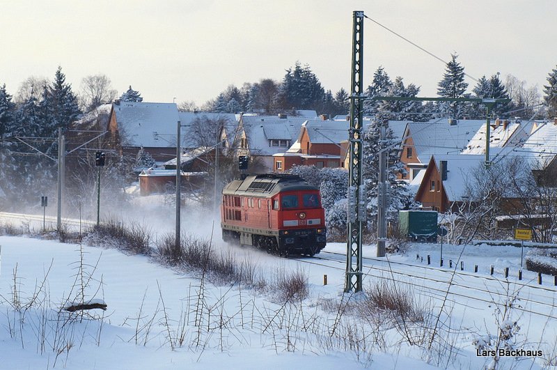 233 616-2 rollt am 30.01.10 als Lz von Hamburg nach Lbeck und wirbelt dabei kurz hinter Reinfeld (Holst.) den frisch gefallenen Schnee auf.