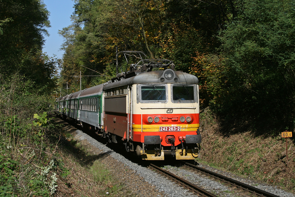 242 263 mit einem Personenzug am 10.10.10 bei Klatovy.