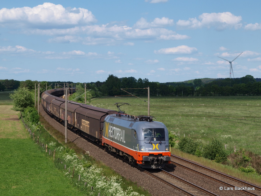 242 502  ZURG  bringt am 05.06.13 einen Papierzug nach Dortmund durch Ramelsloh.