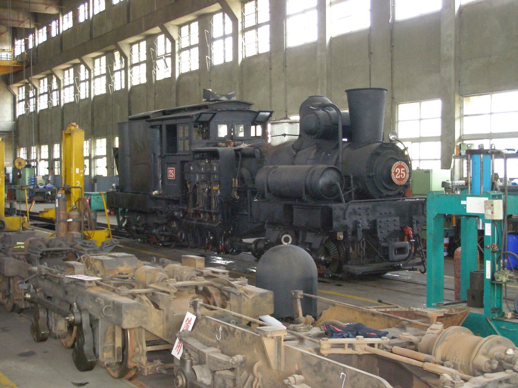 25 Dampflokomotive
Standort: ChiaYi Reparaturwerkstatt / Taiwan (01.03.2009)
23�29’08.63  N
120�27’02.43  E
Dieser Lokomotiven-Typ ist im Einsatz bei der Personenbef�rderung in den Bergen von AliShan.(AliShan Forest Railway)
Historie: Die Lokomotive war derzeit im Umbau von Kohle-Befeuerung auf Diesel. Seit 06/2009 ist diese wieder im Au�eneinsatz.
 F�r eine taiwanesische Werkstatt, war diese -vorbildlich-. Mein Eintrag in das G�stebuch, �ffnete mir T�r und Tor, diese Werkstatt zu besichtigen und, was nicht normal ist, Fotos machen zu d�rfen 