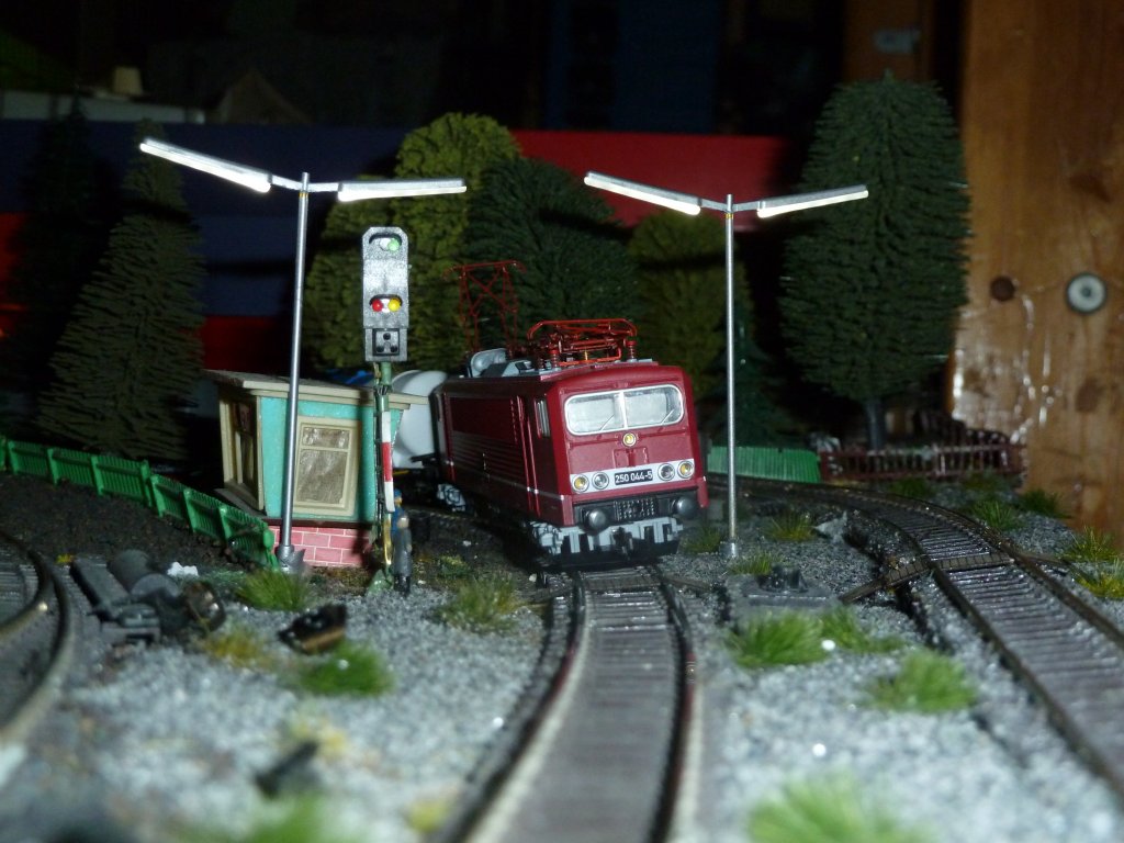 250 044 legt sich in die Kurve kurz vor dem Bahnhof.
