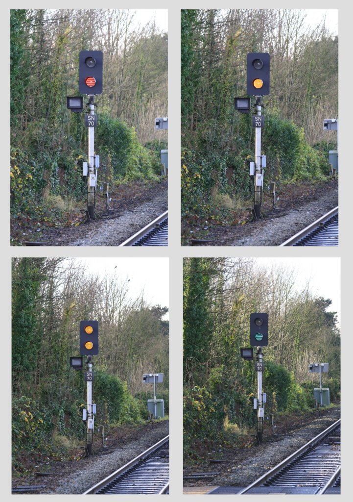 26.11.2012 Chippenham. Blocksignal Richtung Bristol mit seinen 4 Zustnden.