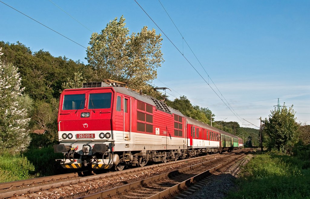 263 011 ist mit Os 2018 zwischen Bratislava Lamac und Devinska Nova Ves Richtung Kuty unterwegs. Die Aufnahme entstand am 19.09.2010.