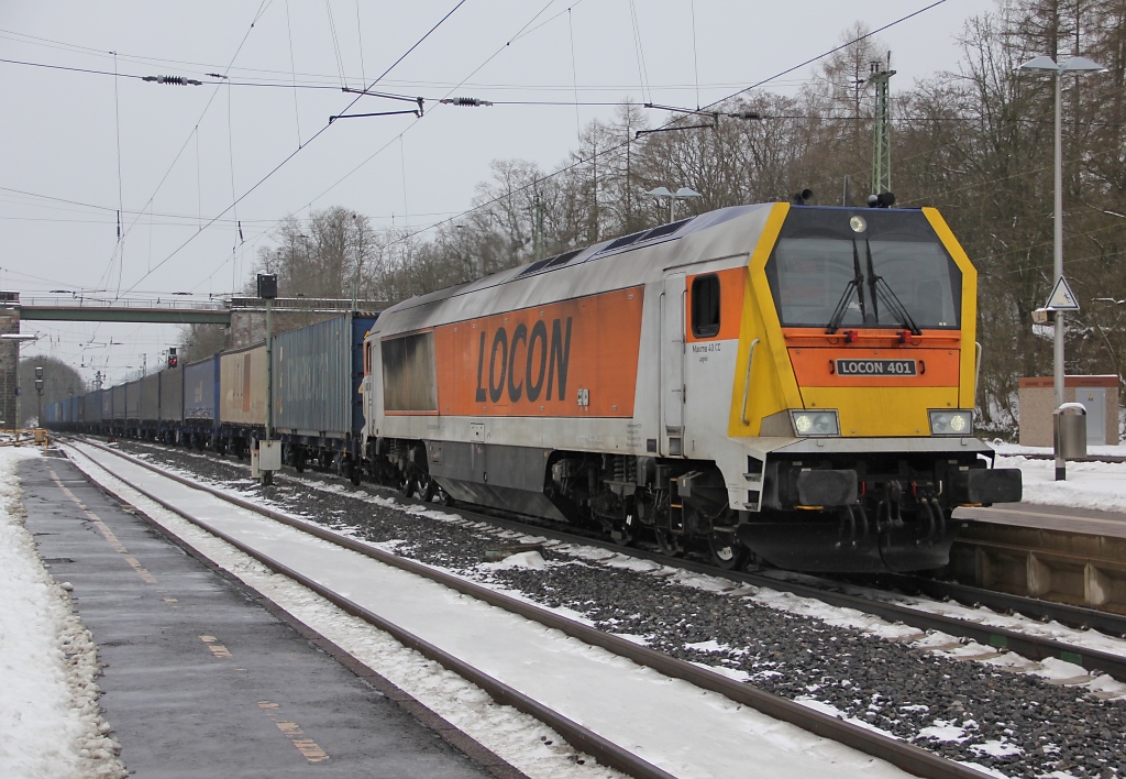 264 005-5 alias  Locon 401) mit Containerzug in Fahrtrichtung Norden. Aufgenommen am 27.01.2013 in Eichenberg.