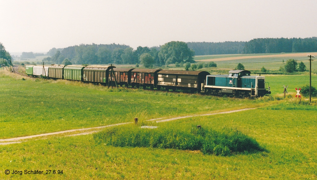 290 293 mit ihrem Gterzug auf der Rckfahrt nach Dombhl zwischen Knittelsbach und Neustdtlein am 27.6.94.