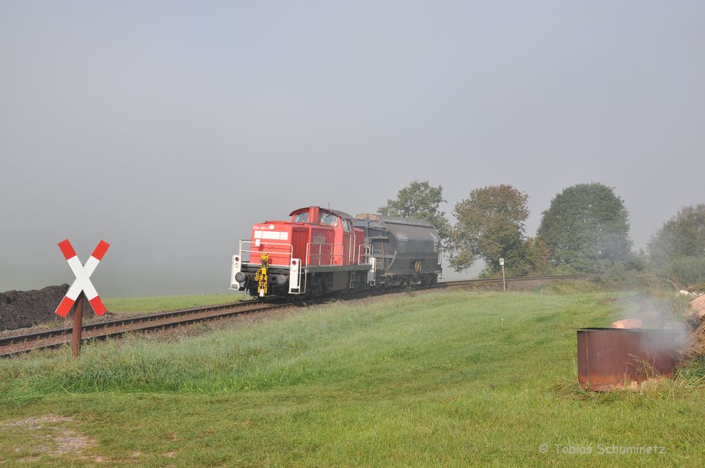 294 587 kommt mit einem G�terwagen am 26.09.2011 aus einem dichten Nebelfeld bei Gebenbach (Strecke Amberg-Schnaittenbach)