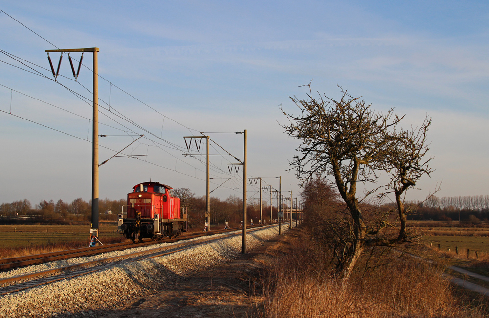 295 051-7 fuhr am 27.03.2013 als Lokzug aus dem Sden nach Emden, hier bei Veenhusen.