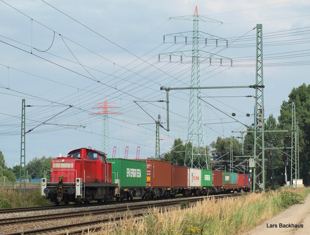 295 078-0 hat am 2.08.10 einen bergabezug aus Hamburg-Waltershof am Haken und wird gleich den Rbf Alte-Sderelbe erreichen.