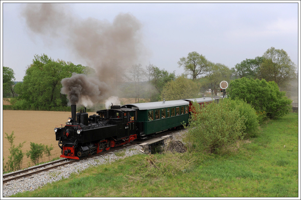 298.56 mit dem Stainzer Flascherlzug von Preding nach Stainz am 29.4.2011 bei der Ausfahrt aus Preding.

