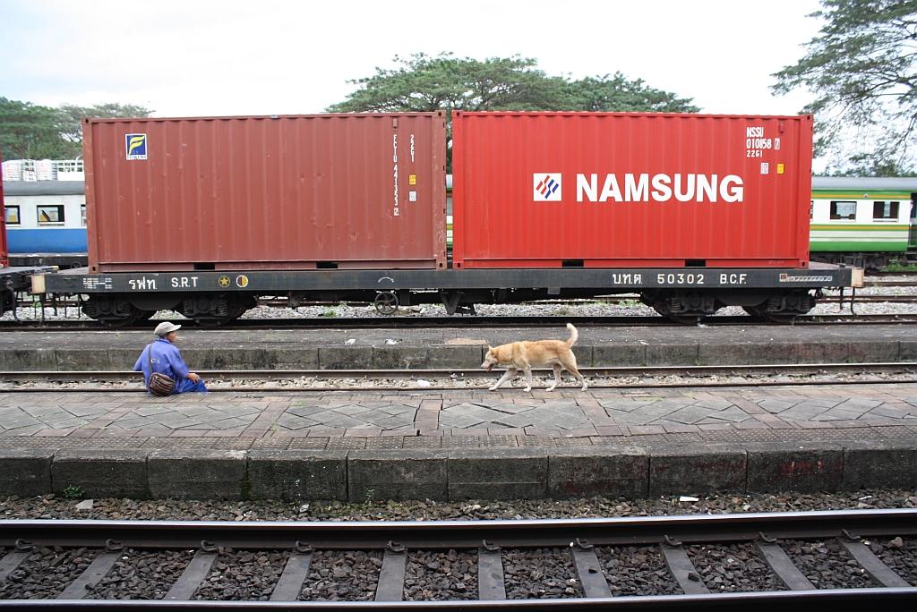 บ.ท.ต. 50302 (บทต = B.C.F./Bogie Container Flat Wagon) am 06.Jänner 2013 im Bf. Thung Song Junction.
