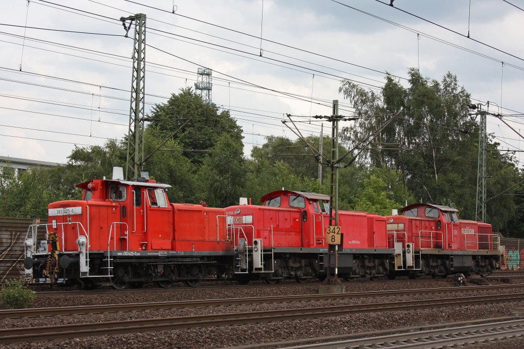 363 425 am Ende eines Lokzuges mit 296 028 an der Spitze und 295 012 in der Mitte.Aufgenommen am 31.7.12 in Hamburg-Harburg.