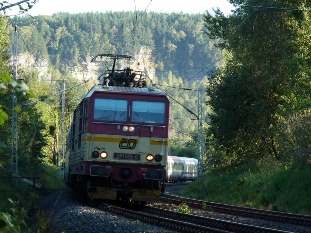 371 005 Pepin zieht wacker den IC die Steige zum Kurort Rathen hoch in Richtung Dresden Hbf.
1.10.11