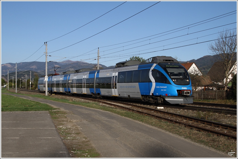 4024 120  S-Bahn Steiermark  fhrt als R 1713 von Mrzzuschlag nach Friesach. 
Spielberg 9.4.2011