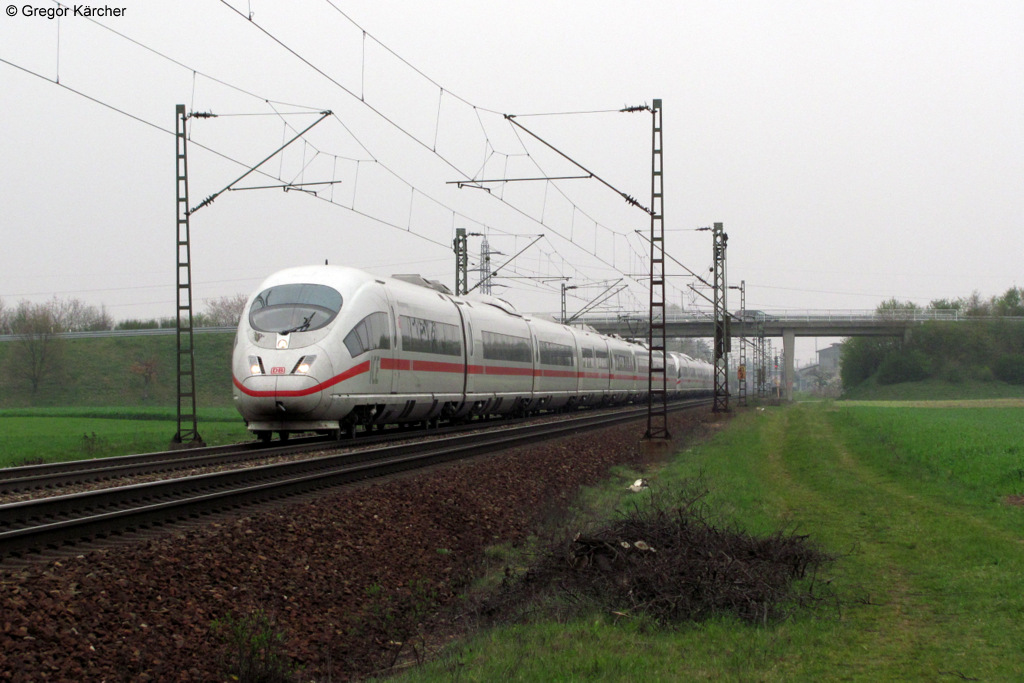 403 033-4  Esslingen am Neckar  und 403 025-0  Ravensburg  als ICE 503 (Hannover - Basel ber Kln) am 05.04.2012 bei Graben-Neudorf.