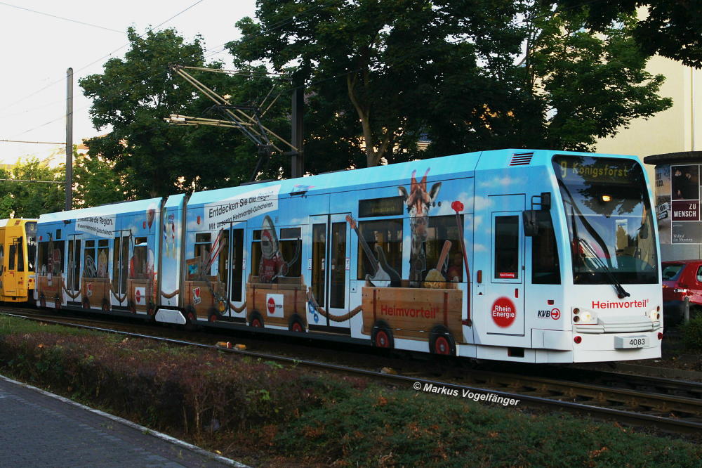 4083 hat eine neue Ganzgestaltung fr die RheinEnergie zum Thema  Heimvorteil  erhalten. Mit diesem Niederflurfahrzeug bereichert die RheinEnergie das Klner Stadtbild ein weiteres Mal mit einer originellen Idee. Hier zu sehen auf der Hermeskeiler Strae am 01.08.2013.