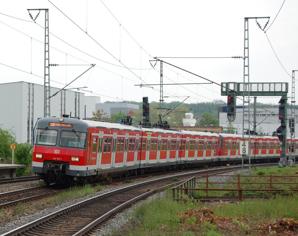 420er in Stuttgart-Feuerbach (3): Der  heilige  420 955-7 konnte am 8.5.2010 bei der Einfahrt in den Bahnhof von Stuttgart-Feuerbach aufgenommen werden.