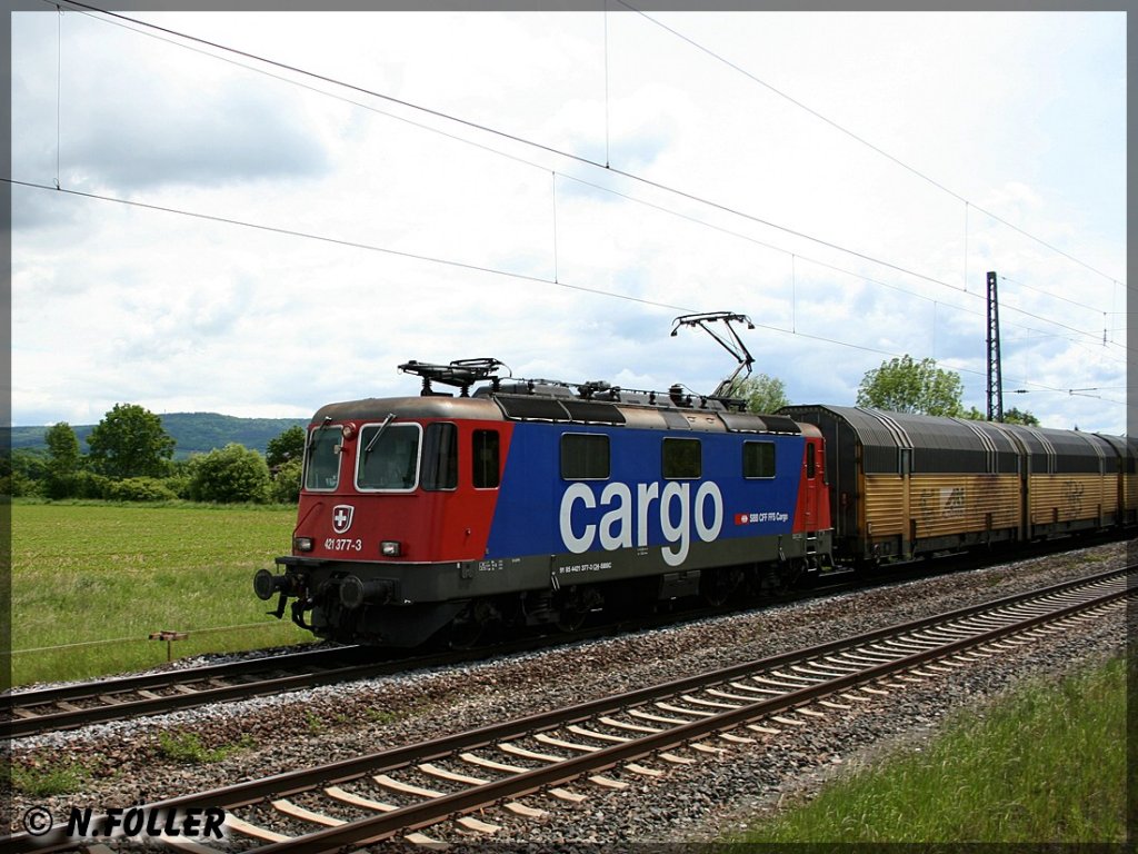 421 377 SBB-Cargo mit einem Altmann-Ganzug am 30.05.2013 bei der Durchfahrt in Eggolsheim