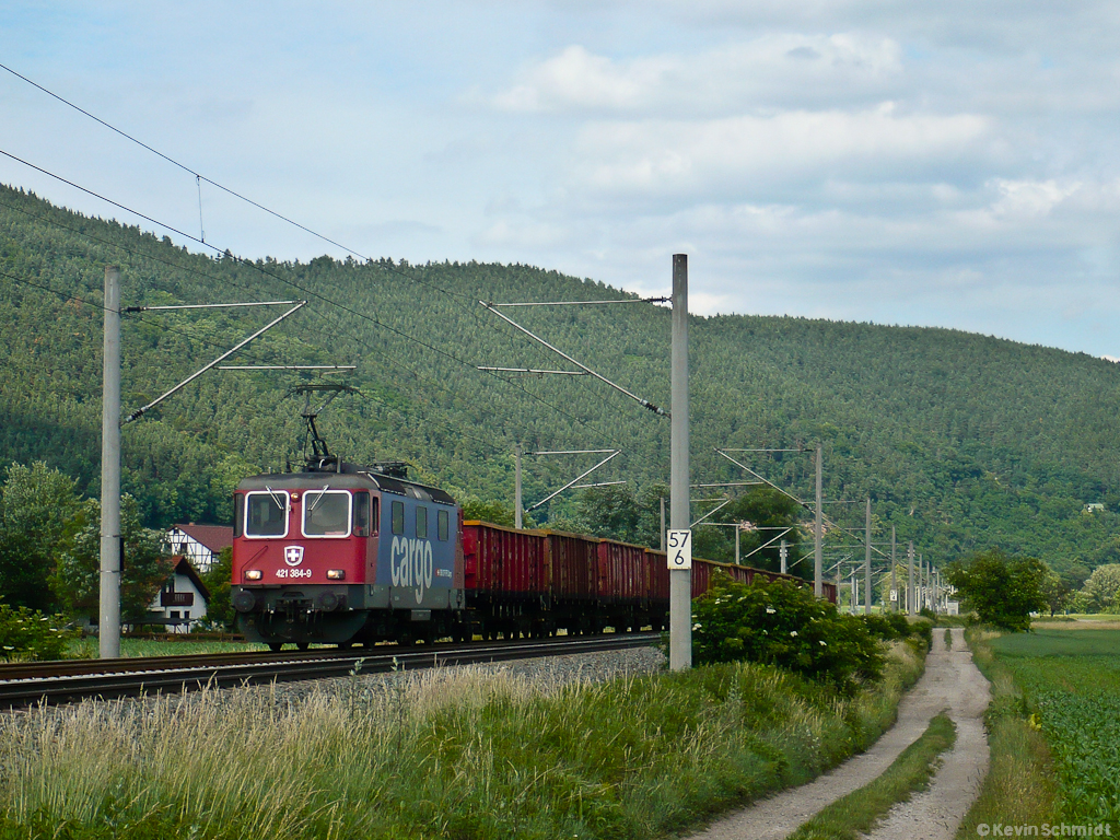 421 384-9 von SBB Cargo bringt bei Uhlstädt einen Güterzug in Richtung Saalfeld. (17.06.2011)