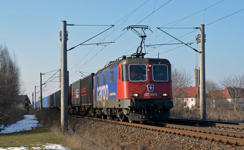 421 389 befrderte am 16.03.13 einen Blackbox-Zug durch Greppin Richtung Bitterfeld.